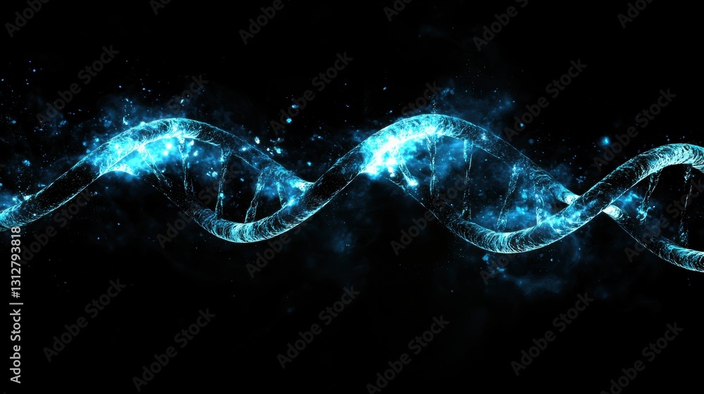 Poster blue dna double helix rotating on black background with white dust, suggesting futuristic science or