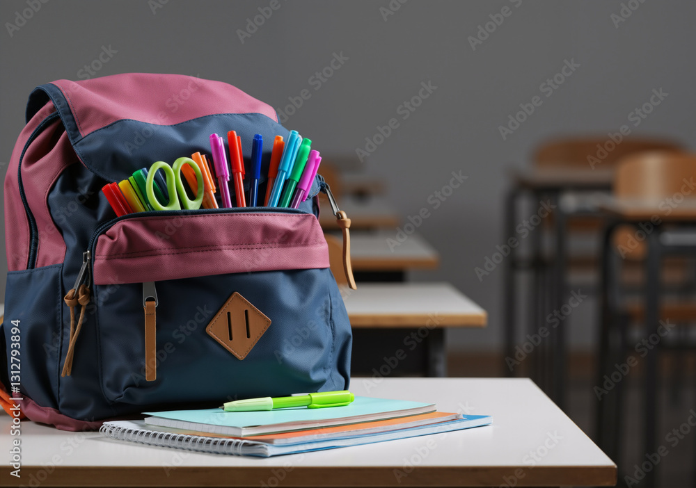 Poster backpack with stationery on desk in empty classroom, ready for students to return to school