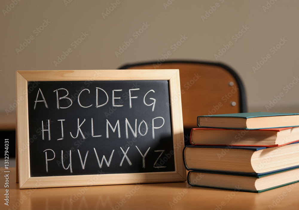 Poster small chalkboard displaying the english alphabet resting on a desk near a stack of books in a school
