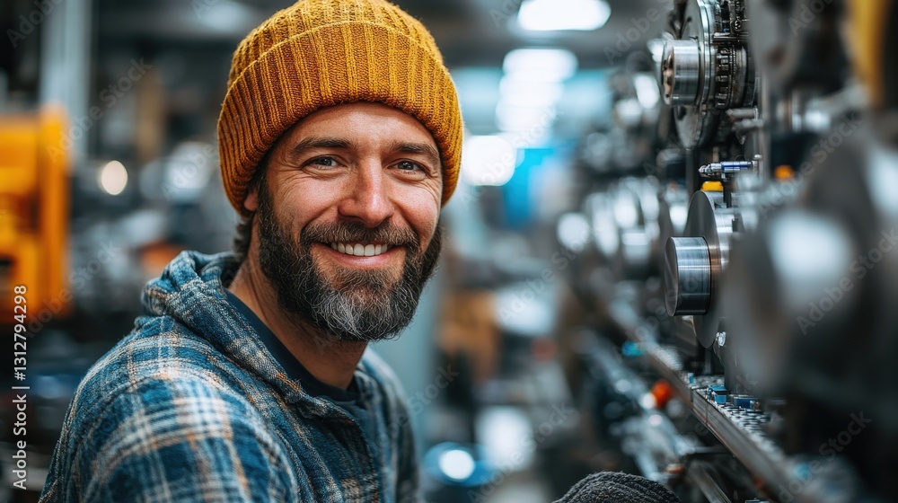 Poster smiling technician working on machinery in a well-lit industrial workshop setting