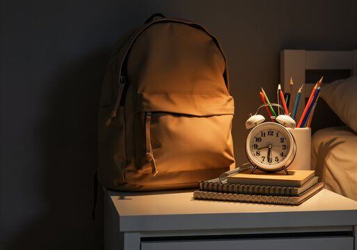 Backpack, notebooks, colored pencils and alarm clock sit on a nightstand in a dimly lit bedroom, suggesting early morning preparations