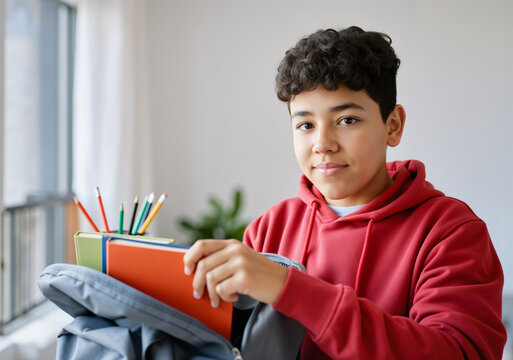 Young latin student putting books in backpack, getting ready for school