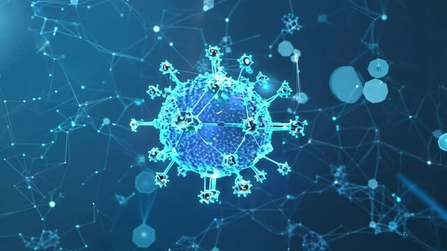 Abstract futuristic polygonal Virus model isolated on blue background. It is a type of pathogenic microflora