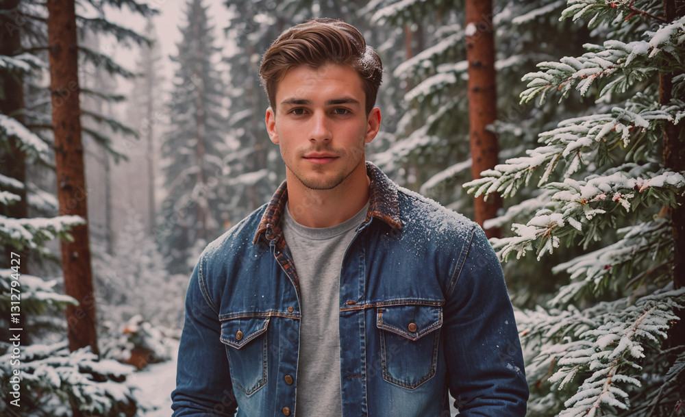 Poster Man in a blue jacket is standing in a snowy forest. He has a beard and is smiling
