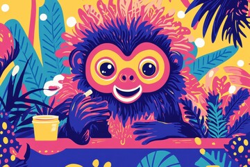 Fototapeta premium Colorful illustration of a monkey enjoying a snack in the jungle setting
