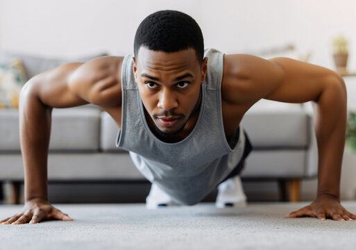 Concentrated african american sportsman exercising, doing push ups on floor carpet in living room, enjoying domestic training