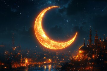 Glowing Crescent Moon Over Starry Sky and Ornate Skyline

