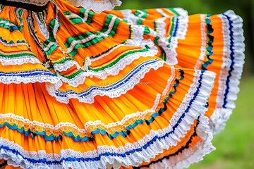 Close Up of Vibrant Orange Skirt with Colorful Ruffles and Trim