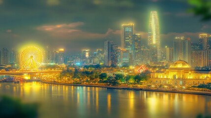 Fototapeta premium Bright city nightscape with ferris wheel and reflections