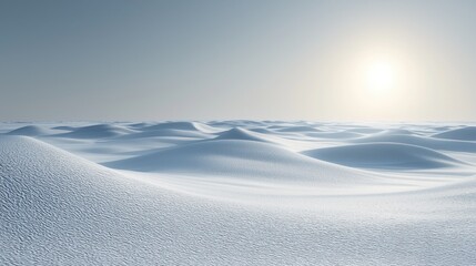 Serene winter landscape; sunlit snow dunes under a pale sky.