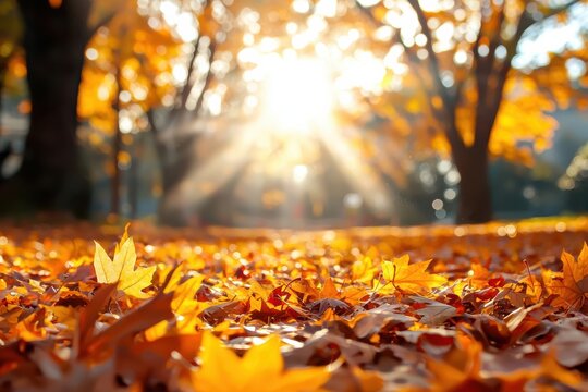 Fallen autumn leaves create vibrant carpet in park, illuminated by golden sunset sunbeams, evoking serene fall atmosphere