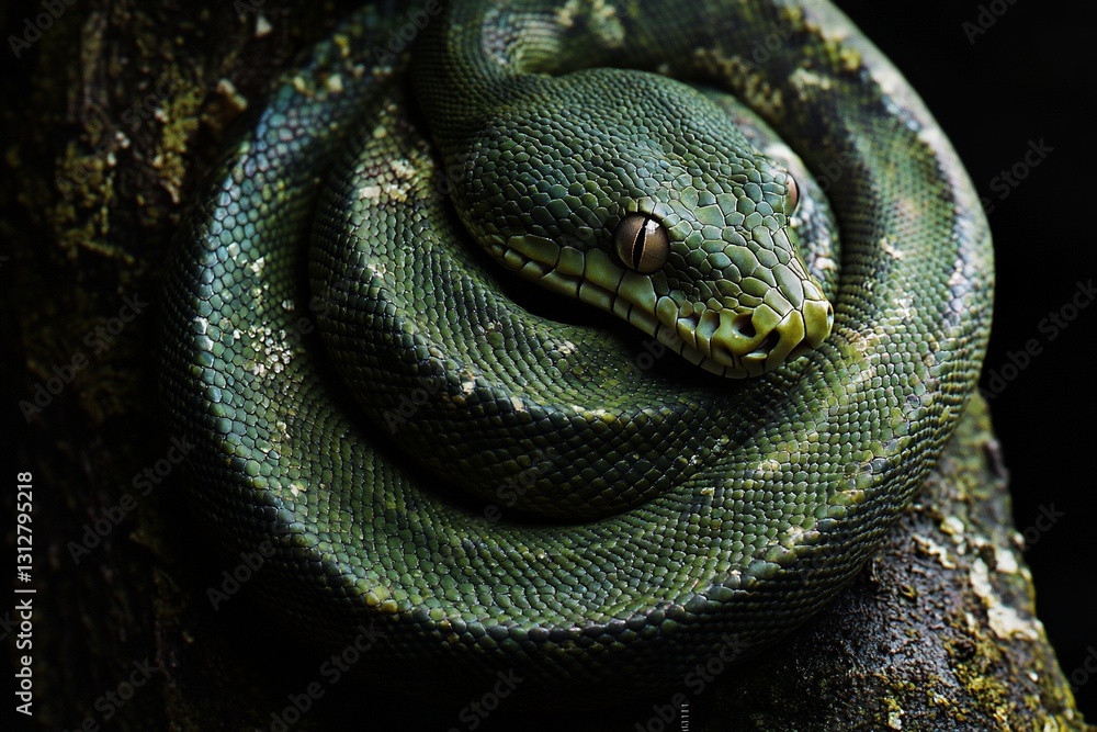 Poster green tree python coiled on a tree branch, close-up.