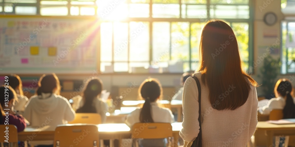 Poster a classroom environment with students seated and facing forward. the room has large windows allowing