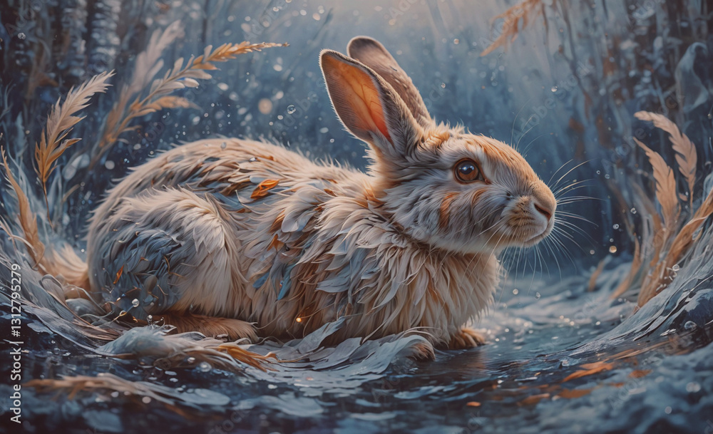 Poster rabbit is sitting in the snow with its head up. the rabbit is white and brown