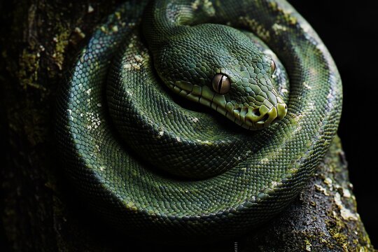Green tree python coiled on a tree branch, close-up.