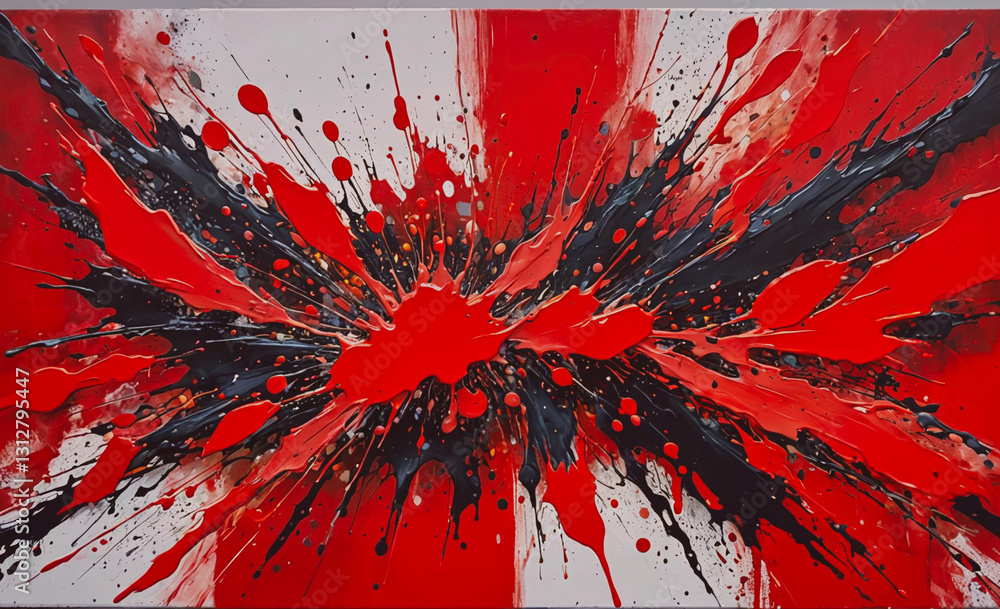 Poster painting of a red and black explosion with red and black splatters. the painting is abstract and has