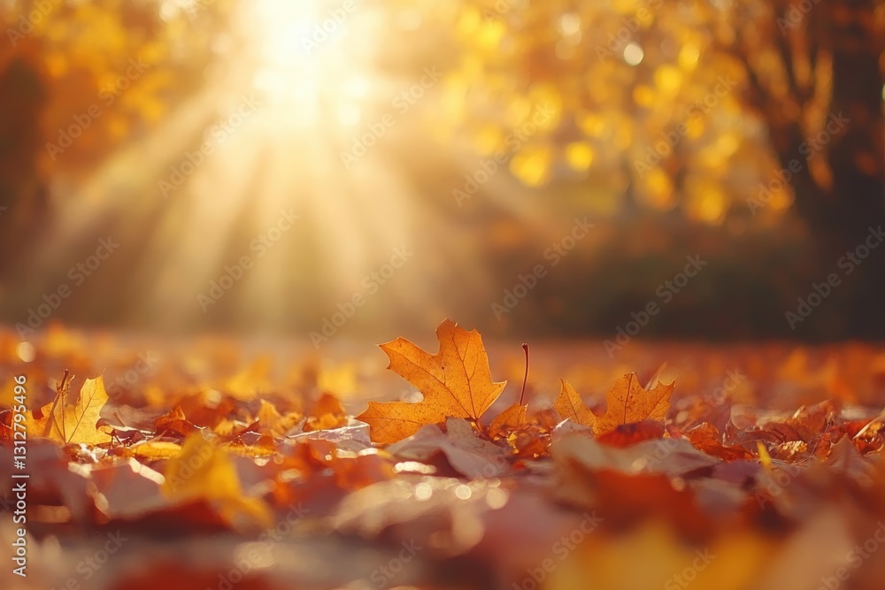 Aufkleber fallen autumn leaves covering the ground in a park, illuminated by golden sunlight filtering through