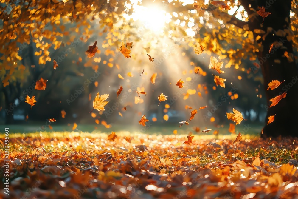Poster Sun rays filtering through golden autumn trees, creating a magical scene of falling maple leaves in a park