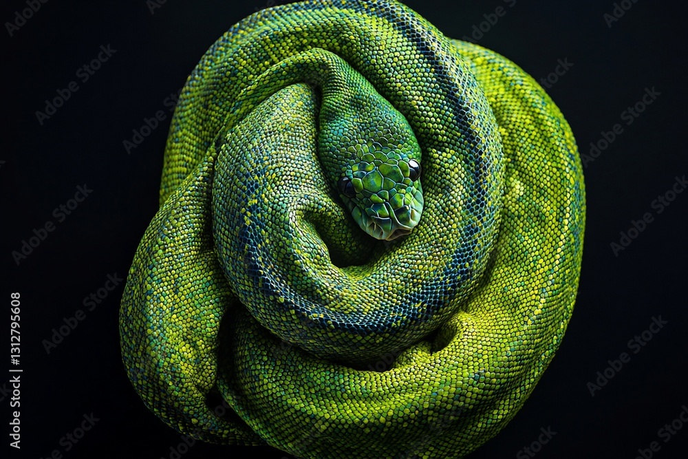 Poster green tree python coiled in a tight knot against a black background.