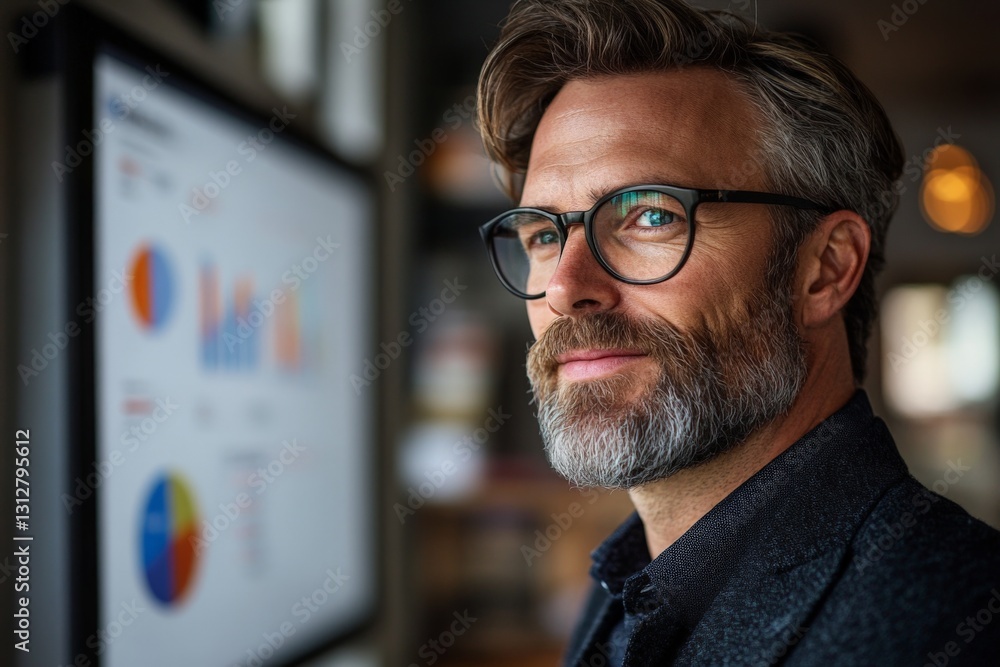 Poster professional man observes data analytics in modern office setting during afternoon hours