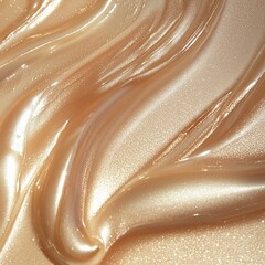 A soft-focus, pearlescent liquid highlighter swatch with a luminous champagne tone. The smooth, flowing texture enhances its radiant glow, reflecting light with a dewy, silky finish