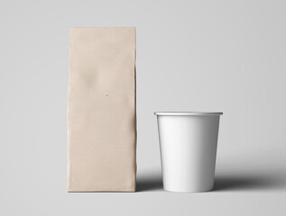 Kraft Paper Coffee Bag and White Cup Mockup on Neutral Background