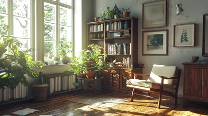 Obraz premium Sunlit living room with plants, bookshelves, and armchair.