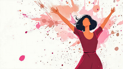 Obraz premium Vibrant modern illustration of a woman with dark hair in a red dress standing with arms raised against a colorful backdrop of pink and peach paint splashes.
