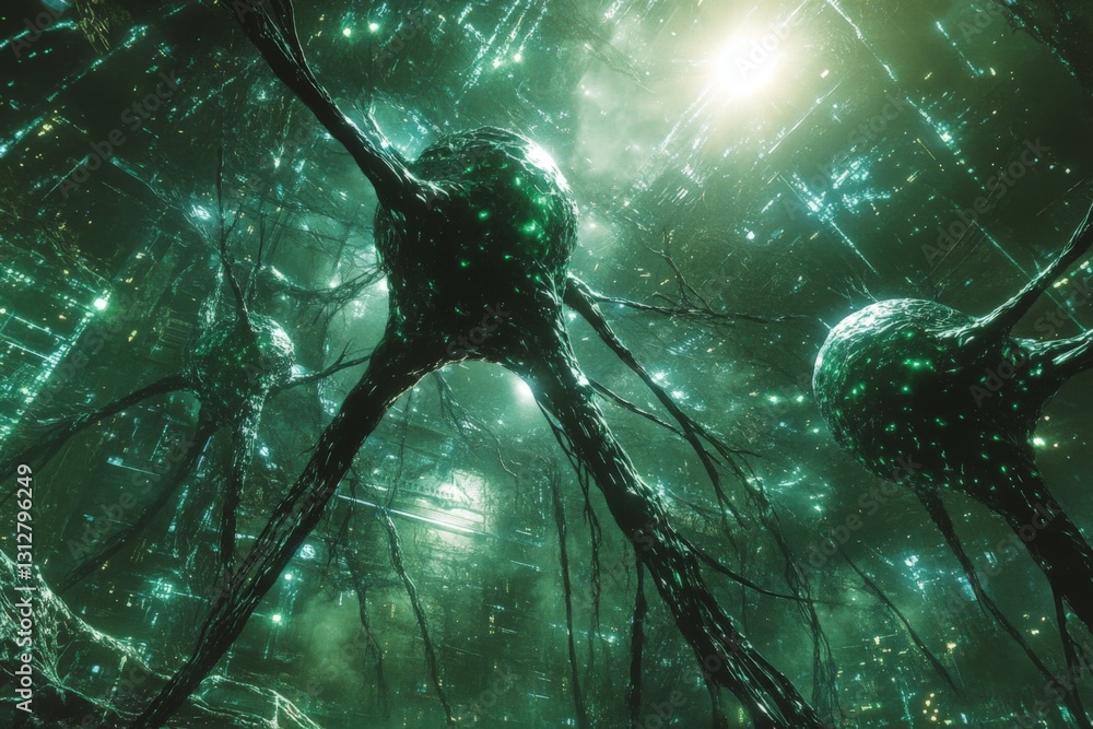 Poster exploration of a futuristic landscape filled with glowing structures and intricate connections in a 