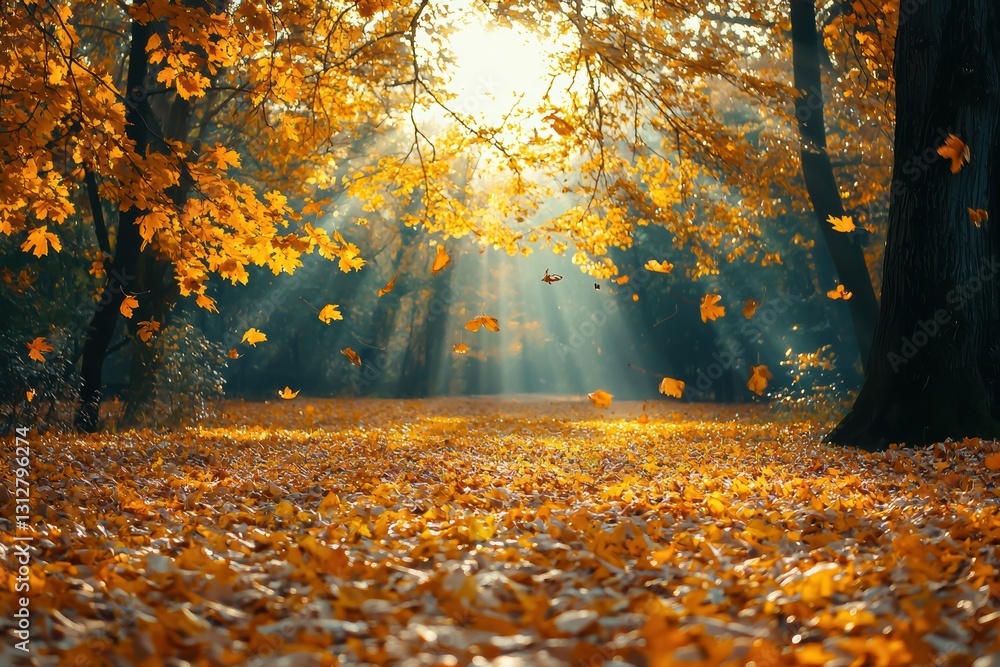 Poster golden autumn leaves are falling on the ground in a sunny park with sunrays filtering through trees
