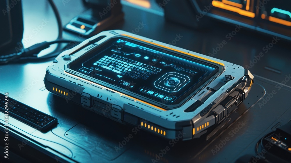 Poster futuristic tablet device with holographic display on metallic surface.