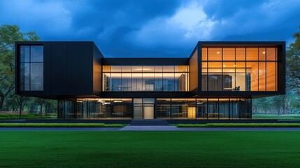 Fototapeta premium Modern Architectural Masterpiece: Night View of a Luxurious Black and Wood Contemporary Home