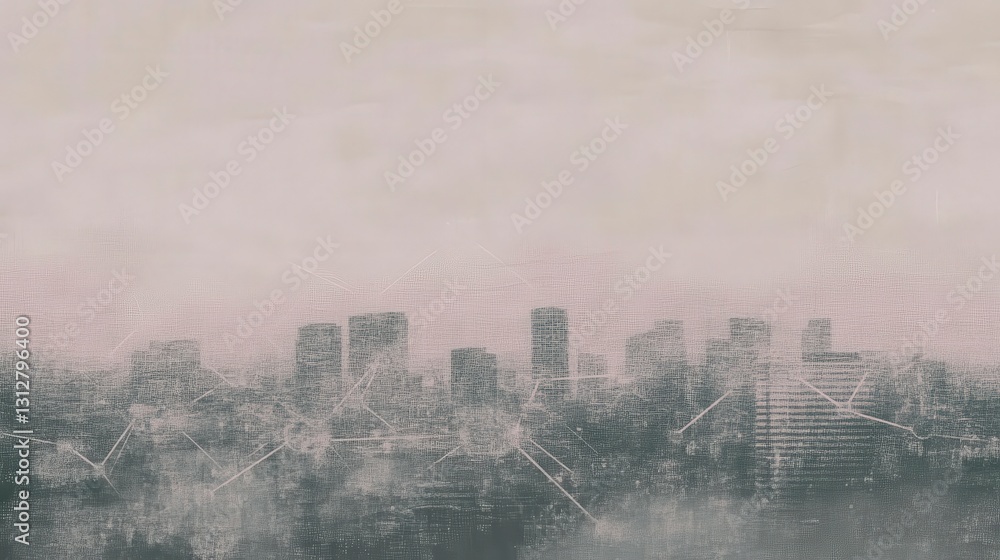 Poster misty skyline with interconnected digital patterns