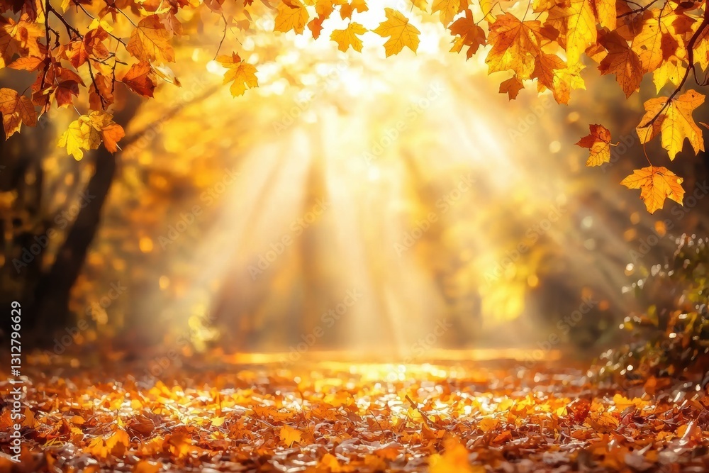 Poster sunbeams filtering through golden autumn leaves covering the ground in a sunny forest, creating a be