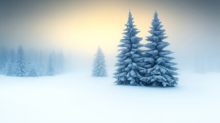 Fototapeta premium Winter Wonderland: Two Majestic Snow-Covered Pines in a Misty Forest