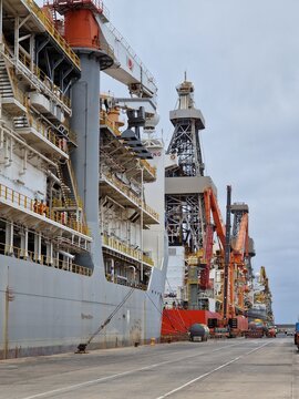 Drillships rigs cold stacked at quayside