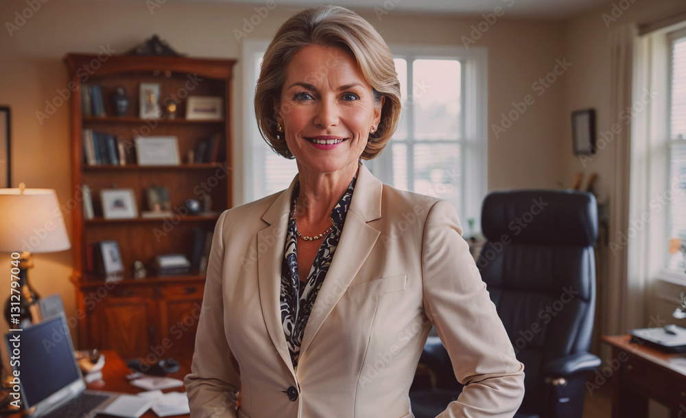 Aufkleber woman in a business suit stands in front of a desk with a laptop and a chair. she is smiling and she