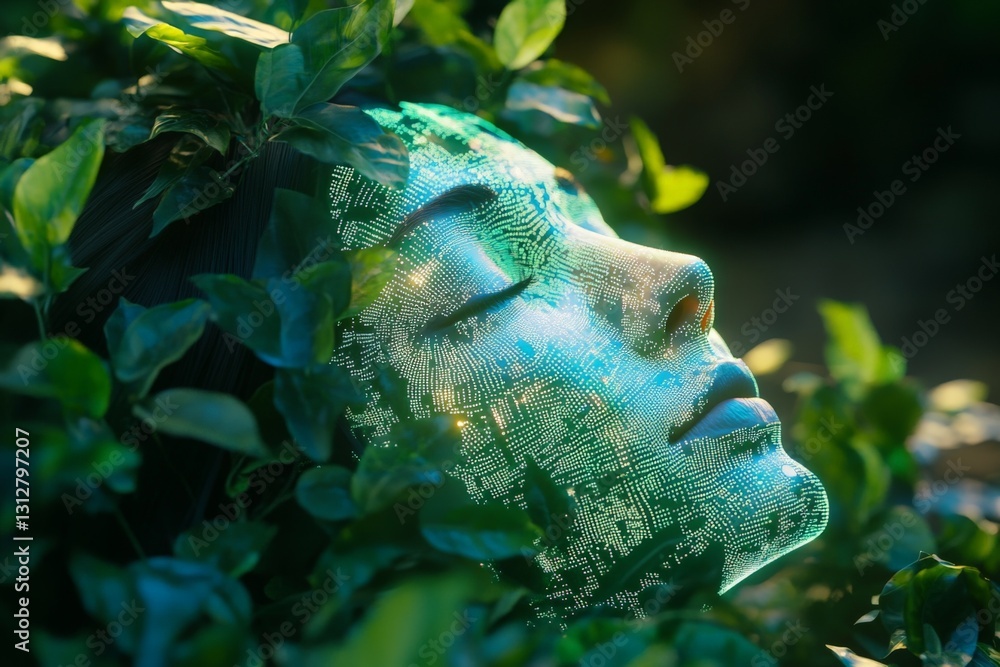 Poster digital face emerging from lush greenery in an ethereal forest setting at dawn