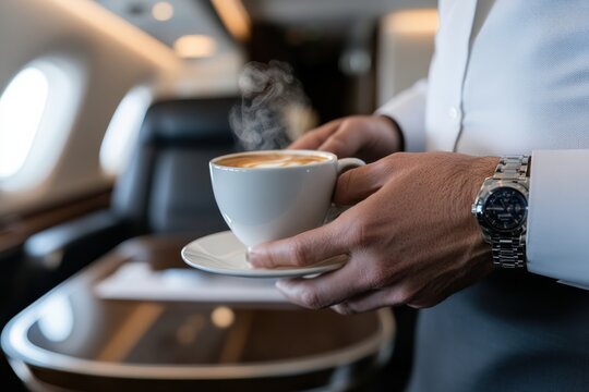 A close-up of a man holding a steaming cup of coffee in a luxury private jet's cabin, highlighting sophistication, leisure, and the high-end lifestyle connected to private air travel.