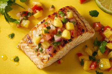 Grilled fish topped with fresh pineapple and diced vegetables