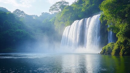 Fototapeta premium Majestic waterfall cascading into serene lake, surrounded by lush green foliage.