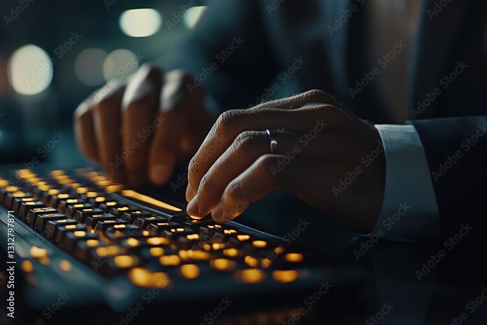 Poster hands typing on a backlit keyboard in a modern office at night while focused on the screen