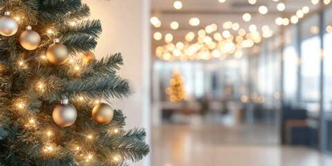 Festive Christmas tree lobby decor, warm lights background, holiday card