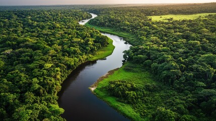 A breathtaking drone view of a lush, green Amazonian jungle landscape, featuring dense trees and a winding river.