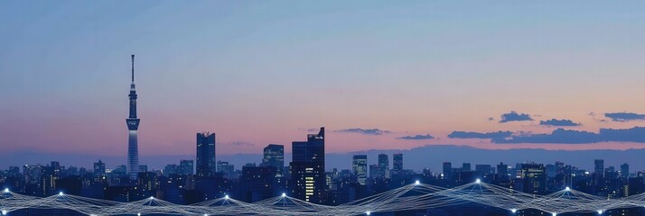 Fototapeta premium Calm cityscape with digital waves merging with sunset.