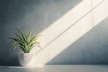 A small plant in a white pot sits on a surface against a grey wall with sunlight streaming in.
