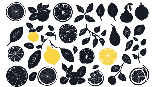 Citrus fruit slices and leaves silhouettes. Illustration for kitchen design or food blog