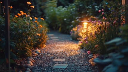 Illuminated garden path at night with flowers and stones.