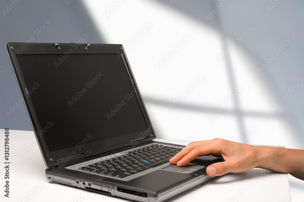 Poster man searching in internet browser on computer