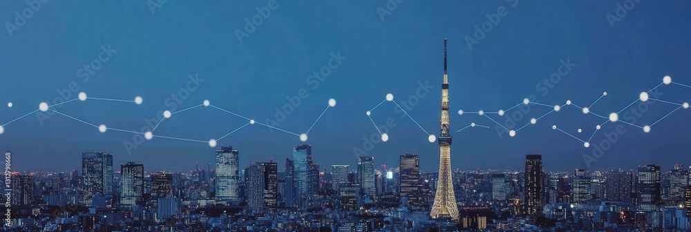 Poster skyline with lit-up tower and connected dot patterns